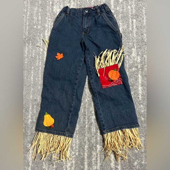 Handmade Kids Scarecrow Pants Blue Jeans Sz 6 Pumpkin Patch Halloween Adj. Waist - Picture 1 of 5